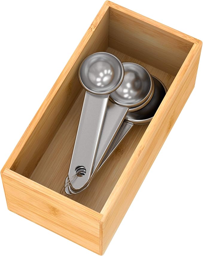 Bamboo Drawer Organizer Utensil Holder for Kitchen, Small Wood Silverware Storage Organizer, Stackable Box Tray for Cutlery, Flatware, Bathroom Caddy for Makeup, Perfume, Jewelry, 6x3x2.5 Inch | Wooden Silverware Tray Cutlery Holder Flatware Containers...