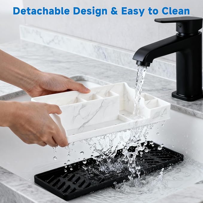 Bathroom Counter Organizer,Toothbrush Holder with 2PCS Qtip Holder Dispenser,Stylish Countertop Bathroom Sink Caddy and Toothpaste Holde,Counter Vanity Organizer for Toiletries and Accessories