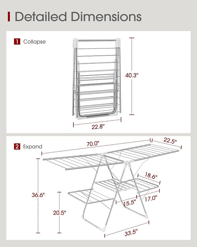 Sakugi Clothes Drying Rack, Foldable 2-Level with 70" Adjustable Wings | Laundry Room, Bedroom, Indoor & Outdoor Use, Height Adjustable, Clothing & Bedding, 70.0" L × 22.8" W, Silver and White