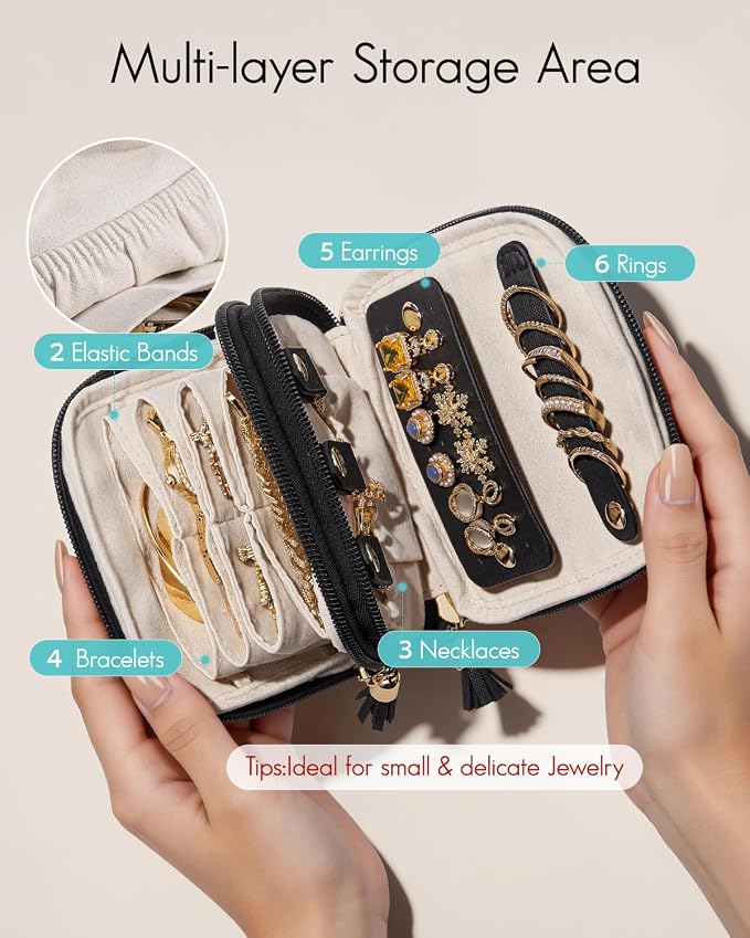 VLANDO 2-Layer Travel Jewelry Organizer for Necklaces,Rings,Earrings | Multi-Compartment Faux Leather Pouch with Velvet Lining Designed for Business Trips,Vacations,Daily Carry,Black