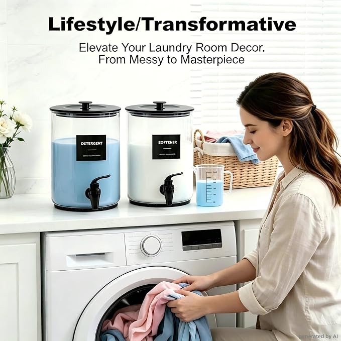 Glass Laundry Detergent Dispenser,1 Gallon Large Liquid Soap 1Pack(Black) | Complete borosilicate jars set with leakproof spigots, protective silicone mats, minimalist labels, and dosing cups.
