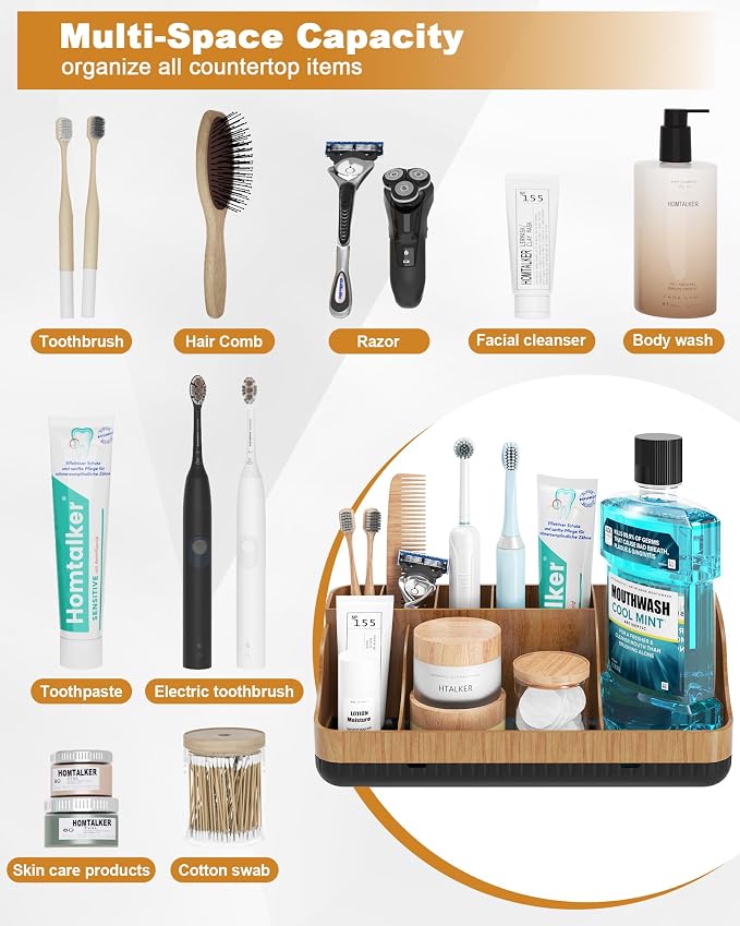 Bathroom Counter Organizer and Storage with 2 Pack Qtip Holder Dispenser, 7 Slots Detachable Toothbrush Holders for Bathrooms, Anti-Slip Electric Toothbrush and Toothpaste Holder Countertop