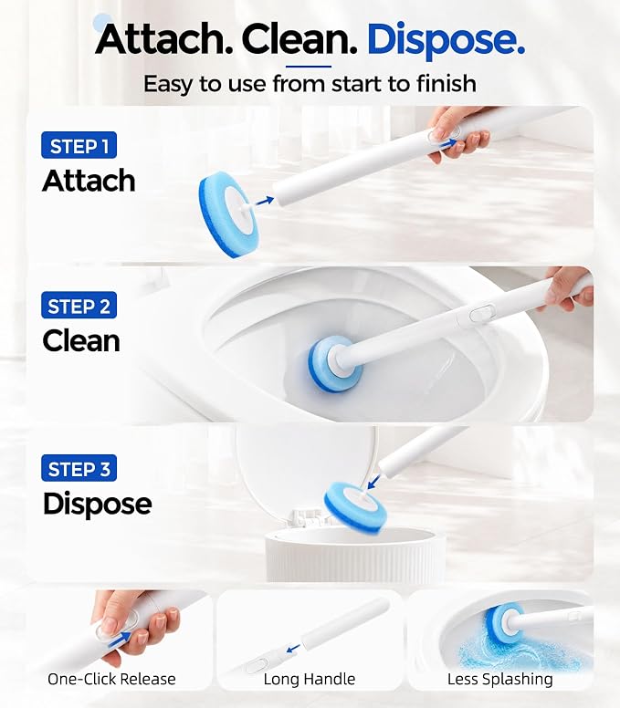 Disposable Toilet Brush and Holder Set with 48 Refills, Complete Toilet Bowl Cleaners System with Long Handle, Disposable Scrubber Heads & Storage Caddy for Bathroom Cleaning & Hard Water Stains