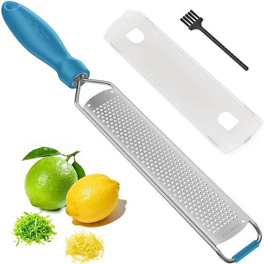 Zester Grater, Lemon Zester Grater with Handle, Premium Stainless Steel Citrus Zester for Parmesan, Garlic, Chocolate, Ginger, Non-Slip Grip, Safety Cover & Cleaning Brush, Blue