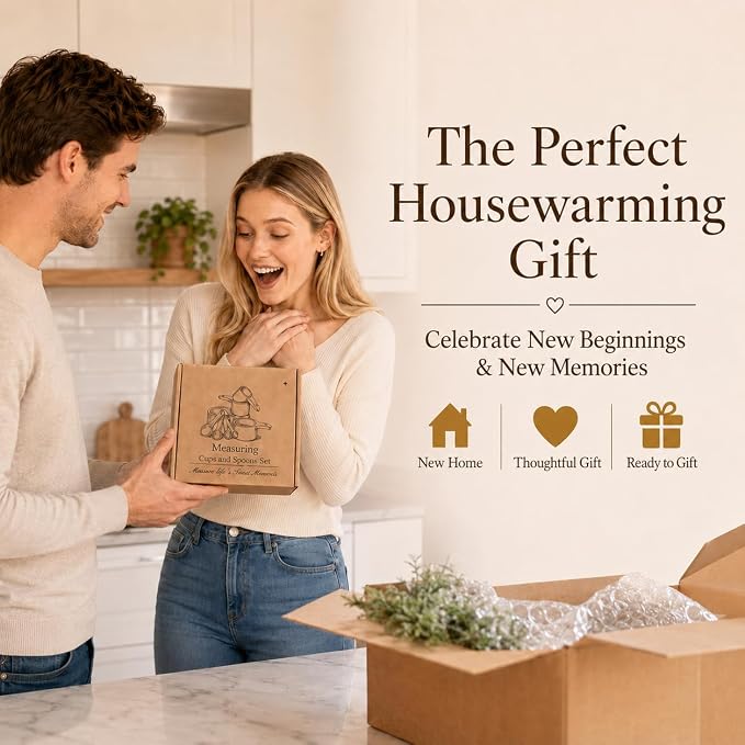 House Warming Gift New Home, Wooden Measuring Cups and Spoons Set, Housewarming Basket for Homeowners Couple Women, Closing Gifts for Home Buyers, First Apartment Kitchen Gadgets for Cooking & Baking