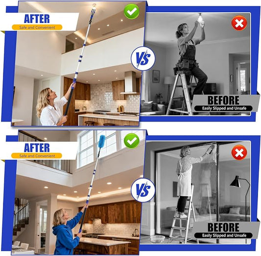 30FT High Ceilings Cobweb Dusters for Cleaning Kit with Extension Pole | Telescoping Lightbulb Changer,Spider Web Brush Extendable Duster,Ceiling Fan Cleaner and Window Squeegee Cleaning