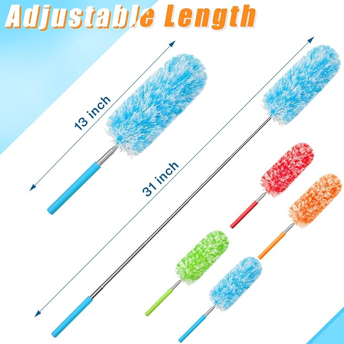 Tanlade 36 Pcs Microfiber Feather Duster for Cleaning, Extendable 13-31 Inch Ceiling Fan Duster with Bendable Head, Washable Tools for Ceiling Fans, Furniture, Car, Cobwebs (Bright Color)
