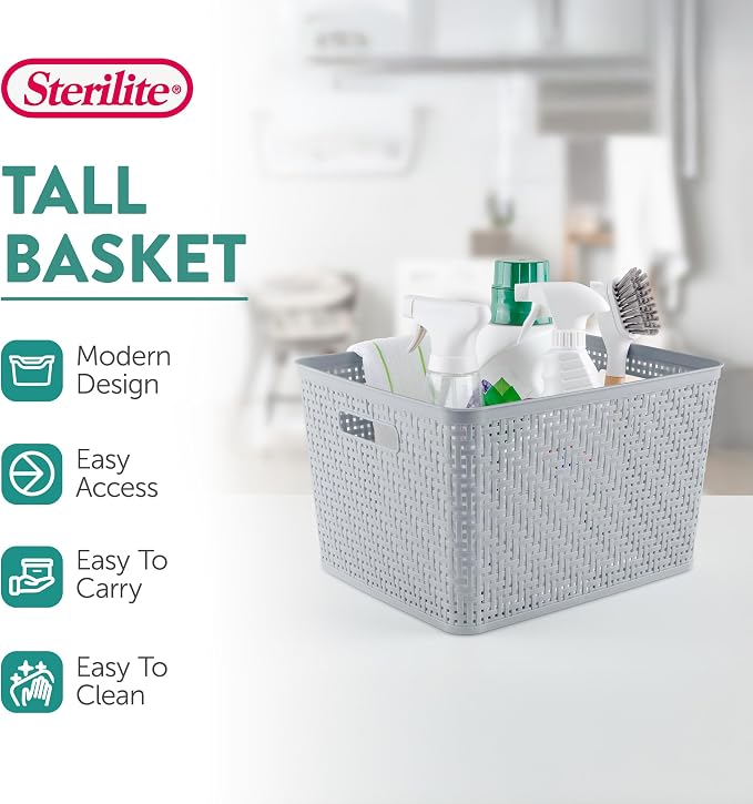 Sterilite 24 Pack Plastic Storage Bin Organization Containers, Tall Baskets, Cement