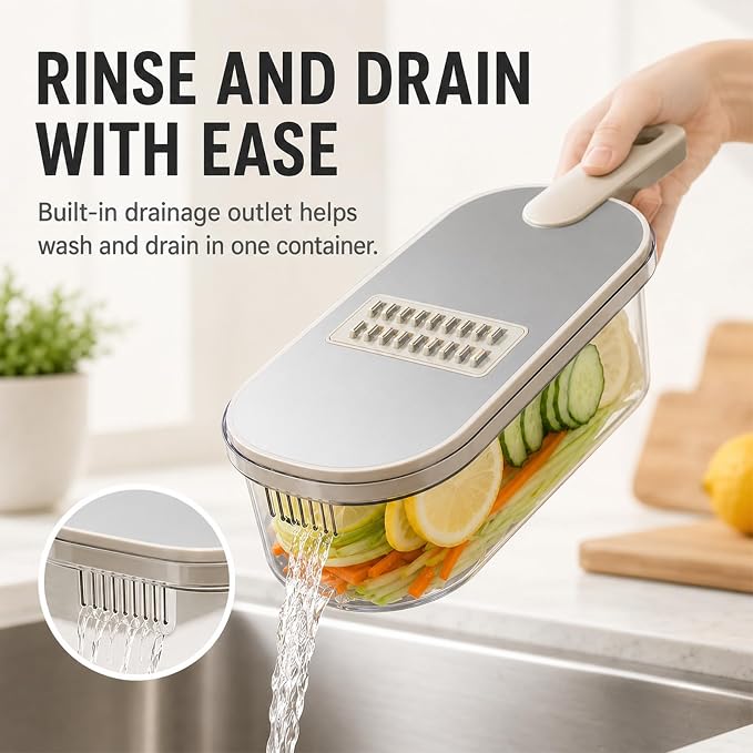 Mandoline Slicer, Vegetable Cutter, Container, Glove & Guard, 6-Blade | Six interchangeable inserts deliver 1.5mm and 3mm sheets, 3mm and 5mm julienne, wavy edges, plus grated textures for recipes.