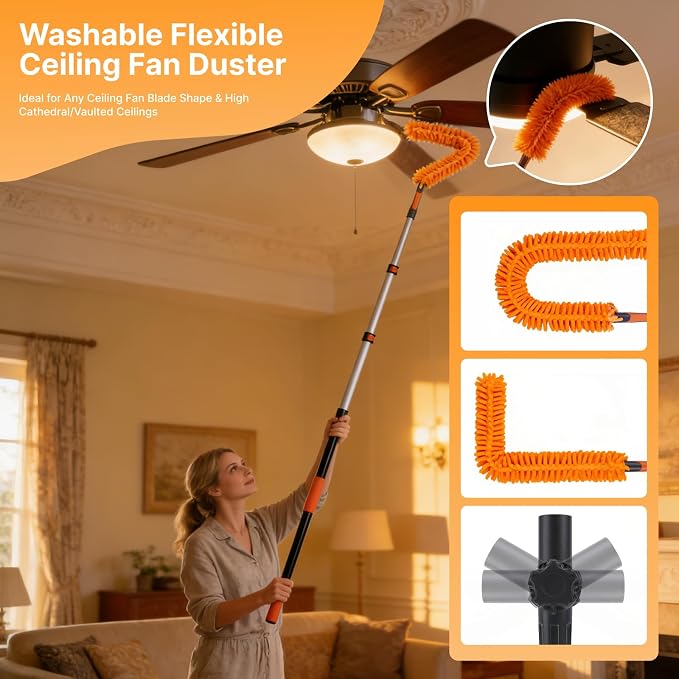 20ft High Ceiling Duster Kit, 4-12ft Heavy-Duty Extension Pole, Long Handle | Ceiling Fan Duster, Cobweb Duster, Microfiber Duster, Window Squeegee & Cleaner, Wall Duster for High Reach Cleaning, 11Pcs