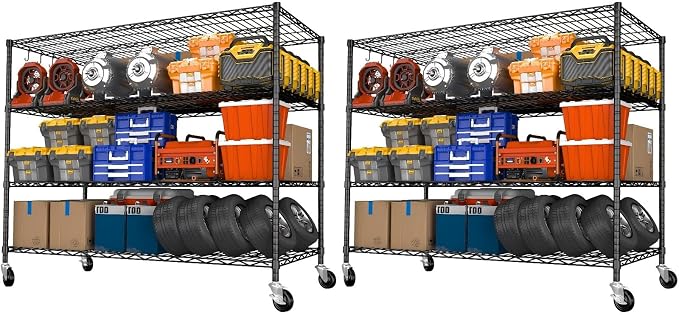 Heavy Duty Garage Shelving with Wheels: 55.5" W x 24" D x 81" H 4 Tier Wire Metal Storage Shelves, Adjustable NSF Commercial Shelf, Rolling Tote Rack Organizer for Pantry, Warehouse, 2PCS