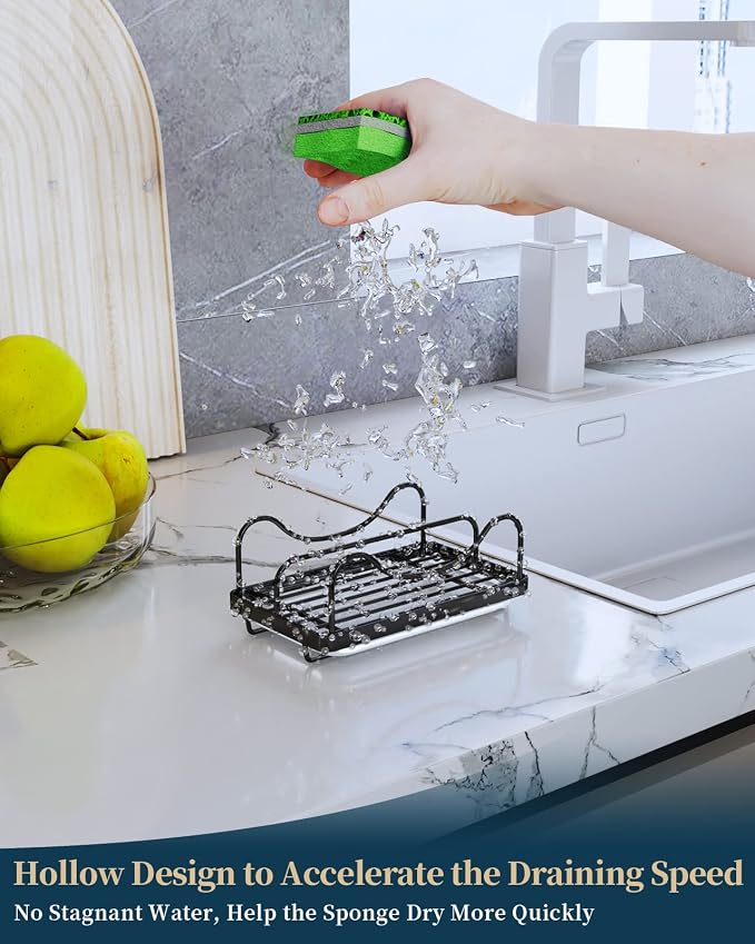 Consumest Sponge Holder for Kitchen Sink - Movable Sink Caddy for Countertop Organizer, 304 Stainless Steel Sponge Holder with Detachable Drip Tray for Kitchen Accessories-Black