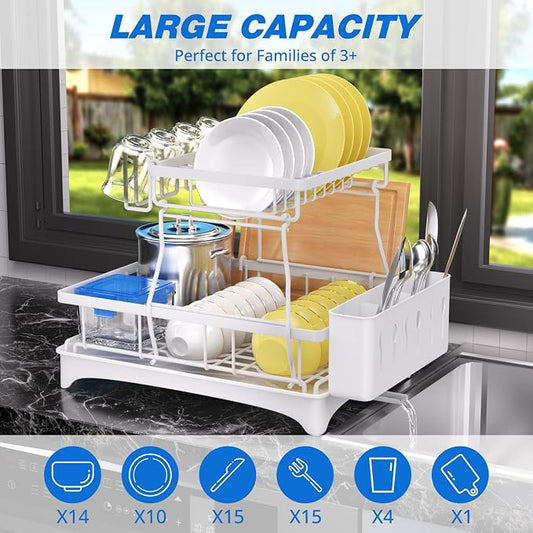 Godboat 2-Tier Dish Drying Rack - Dish Rack with Auto Drain-to-Sink & Mat | Dish Racks for Kitchen Counter, Dish Drainer with Knife Fork & Cup Rack, Gifts for Women, Mothers Day, Kitchen Gadgets, White