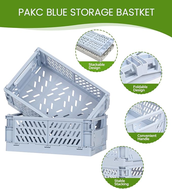 HUUSMOT 4-Pack Collapsible Plastic Storage Baskets, Blue, 9.8"x6.5"x3.8" | Pastel, Space-Saving, Collapsible Plastic Bins, Cute Mini Storage Crates, for Classroom, Kitchen, Office, Bedroom