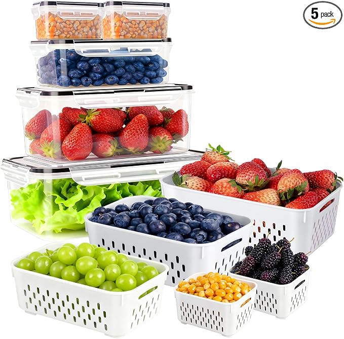 KUK 5 Pack Fruit Storage Containers for Fridge, Leakproof Food Containers with Removable Colander, Berry Containers for Fridge BPA Free Produce Saver Keep Vegetables Berry Meat Fresh Longer (5)