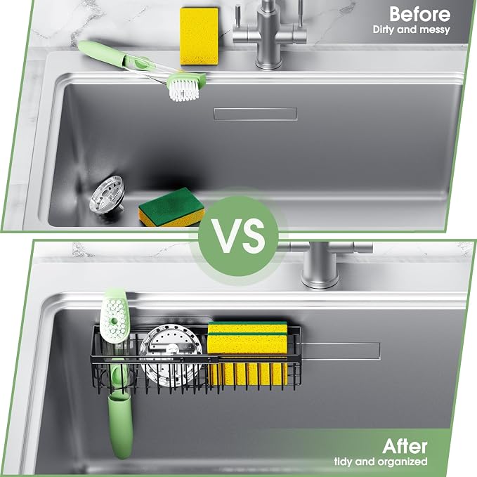 Expandable Kitchen Sink Caddy, Strong Adhesive Mount Detachable Sponge Holder for Kitchen & Bathroom Sink with Extra Suction Cups, Holds Sponges, Dish Brushes, Scrubbing Pads - Black