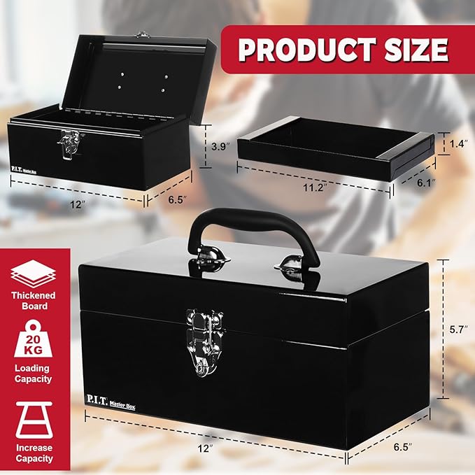 P.I.T. 12 Inch Tool Box,Portable Small Steel ToolBox with Metal Latch Closure for Household, Warehouse,Tools Storage,Black