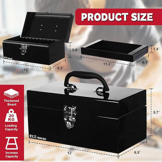P.I.T. 12 Inch Tool Box,Portable Small Steel ToolBox with Metal Latch Closure for Household, Warehouse,Tools Storage,Black