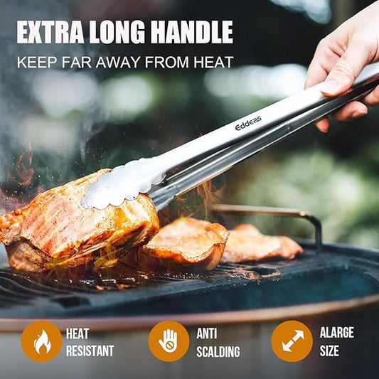 Grill Tongs, 600 Degrees Heat Resistant 17 Inch Extra Long BBQ Tongs, All Metal Kitchen tongs, Heavy Duty Stainless Steel Locking Tongs for Cooking, Grilling, Barbecue/BBQ, Buffet, 2 Pack