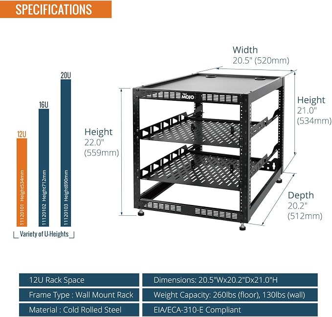 Tecmojo 12U Open Frame Network Rack for IT & AV Gear, AV Rack Floor Standing or Wall Mounted,with 2 PCS 1U Rack Shelves & Mounting Hardware,Network Rack for 19" Networking,Audio and Video Device