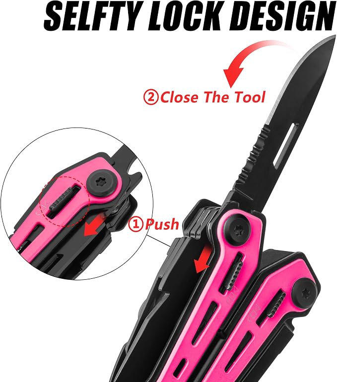 FLISSA 16-In-1 Multi-Tool Pliers, EDC Multitool, Multipurpose Tool, Pink | Gift for Men, Stainless Steel, Pocket Knife, Belt Clip, Oxford Pouch, Safety Locking, For Camping, Survival & Outdoor