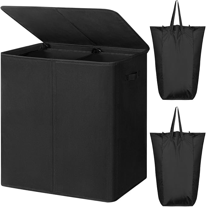 WOWLIVE 140L Double Laundry Hamper 2 Section with Lid and Removable Bags | Divided Laundry Basket, Large Dirty Clothes Hamper with Handle, Collapsible Laundry Storage for Dorm Room, College, Black