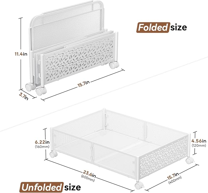 PHINOX Under Bed Storage with Wheels,Patterned,Sturdy Metal,4 Pack,White | Tool-free assembly, glide smoothly, easy reach, foldable, maxmazie low-profile beds, dorm, keep seasonal clothes, shoes fresh