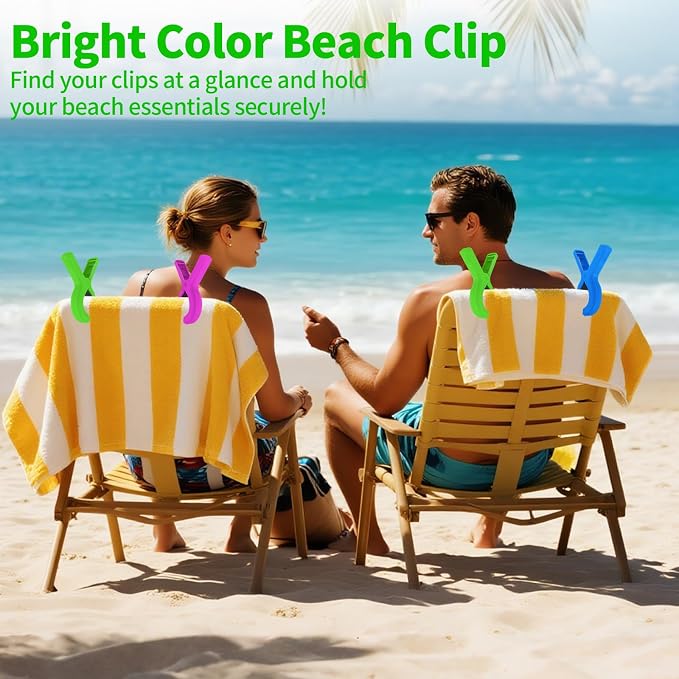 Beach Towel Clips for Beach Chairs Cruise, Strong Grip Clothes Pins Non-Slip Pool Chair Clips, Quilt Drying Clip for Laundry Towel Clothes Blankets Set of 6, with Drawstring Bag(3 Colors)