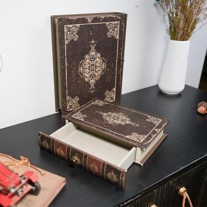 Vintage Decorative Book Storage Box with Drawer, Distressed Dark Brown Faux Leather Finish with Ornate Pattern, Hidden Keepsake Case for Desk or Bookshelf Display 7″ x 5″ x 1.6″