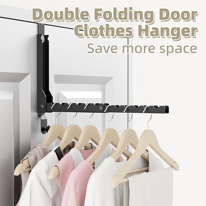 BAKON 2 Pack Heavy Duty Over the Door Hooks, Compact 10 Ridges Double Folding Over the Door Clothes Hanger, Space Saving Over the Door Drying Rack for Laundry Bedroom, Rustproof & Waterproof(Black)