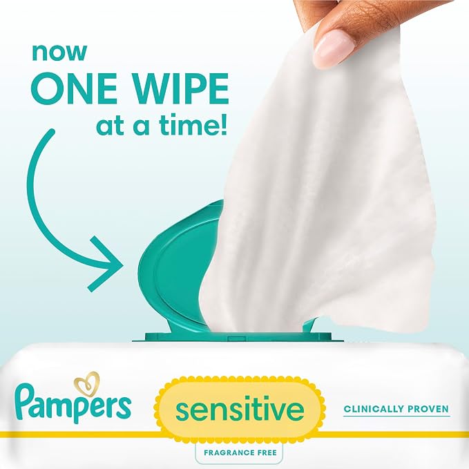Pampers Sensitive Baby Wipes, Clinically Proven, Fragrance Free, Unscented, Water Based, Hypoallergenic, Multi-Use, Hand Wipes 1344 Wipes Total (24X Flip-Top Packs) [Packaging May Vary]