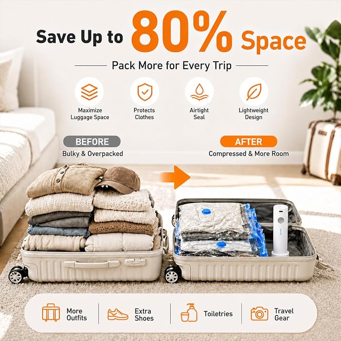 21 Pack Vacuum Bags for Travel with Rechargeable Air Pump, Carry-On Compression Bags for Luggage and Suitcase, Space Saver Storage for Clothing and Travel Organization