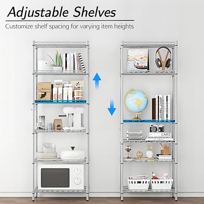 Homdox 6-Tier Storage Shelf Wire Shelving Unit Free Standing Rack Organization with Adjustable Leveling Feet, Stainless Side Hooks, Silver