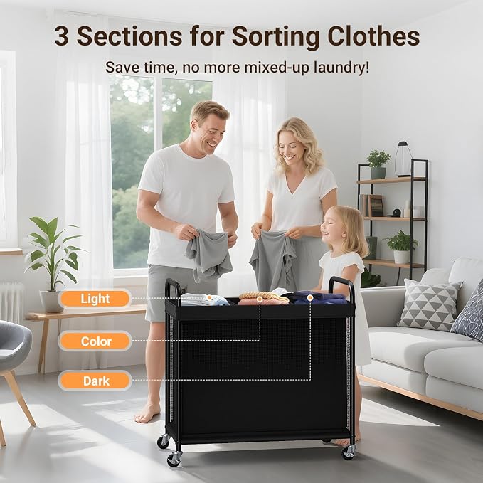 ELYKEN Laundry Hamper 3 Section, 120L Rolling Laundry Sorter with Wheels | Removable Washable Liner Bags, Sturdy Steel Frame and Metal Handle, 3 Compartment Clothes Organizer for Laundry Sorting