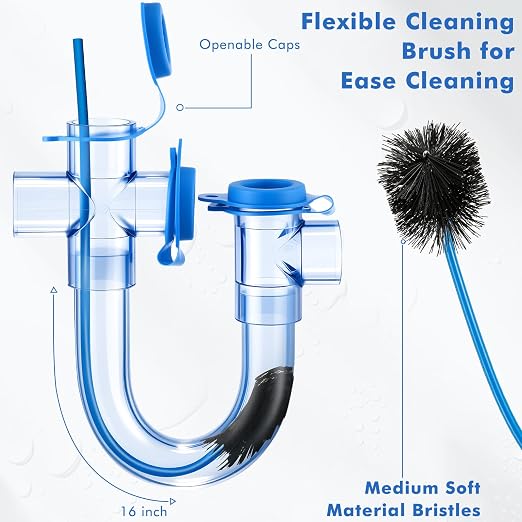 1 Pack 3/4 Inch Standard Condensate Trap with Cleaning Brush, PVC U Trap for HVAC Systems, Air Conditioner, Effectively Drains Condensate (Clear)