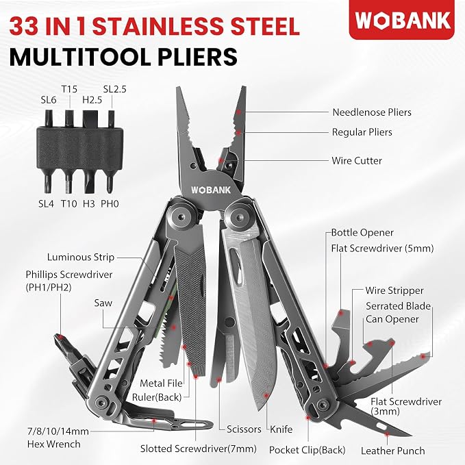 33-in-1 Multitool Pliers, Full-size, EDC Knife, Stainless Steel | Scissors, Damascus Pocket Knife, Nylon Sheath, Adjustable Hex Wrench, Survival, Camping, Hiking, Repair, Gift for Men Dad