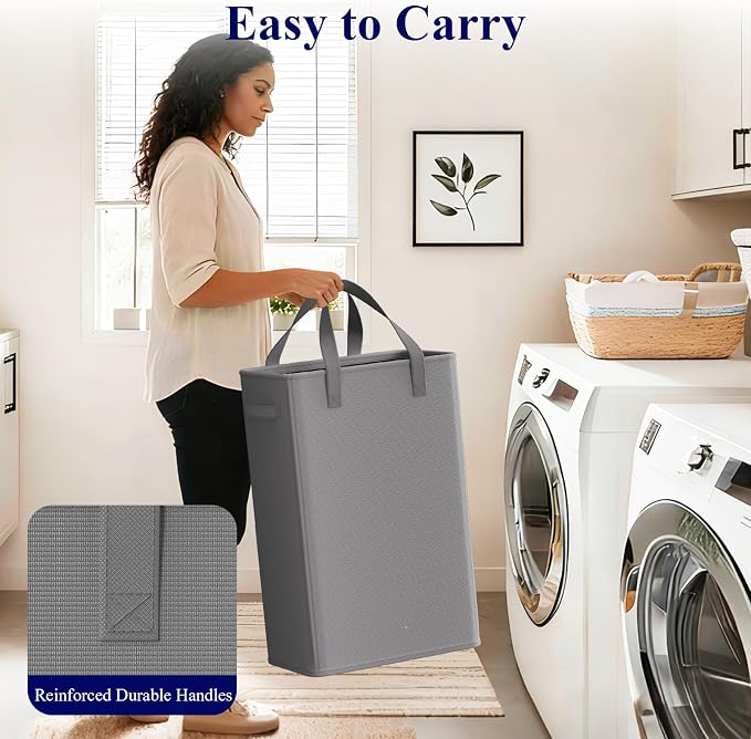 Optish 50L Slim Laundry Hamper, Small Laundry Hamper With Handles, Narrow Laundry Basket for Dorm, Bedroom, Living Room, Collapsible Laundry Basket, Grey