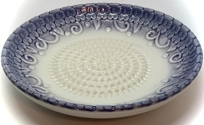 BonCera, All-in-one Premium Ceramic Garlic Grater Plate 4-Piece Set - Purple Embossed Design and Style - For Garlic, Ginger, Chocolate, and more! - Comes with 5.25" Plate, Peeler, Brush, and Stand