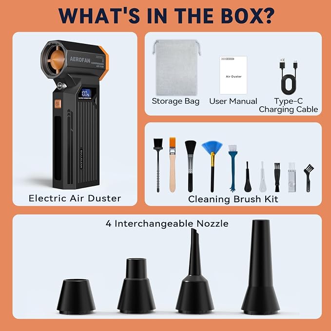 Electric Air Duster - 130000RPM Rechargeable Cordless Compressed Air Duster | 4-Gear Adjustable Mini Turbo Blower, Brushless Motor, PC Dust Cleaner with LED, Portable, For Computer Keyboard Car Outdoor
