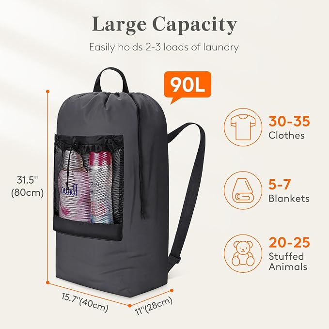 Lifewit Laundry Bag Backpack Travel, 90L, Gray | Extra Large Bag with Shoulder Straps and Mesh Pocket for Laundromat, Heavy Duty Basket for Dirty Cloth College Dorm Apartment