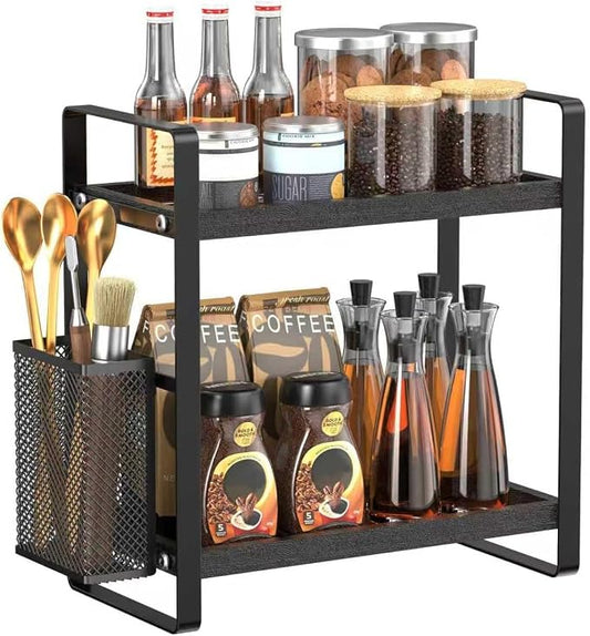 LEMIKKLE Coffee Station Organizer for Counter, Coffee Pods Holder Storage, Wooden Kitchen Counter Shelf, Coffee (Coffee Rack-BLACK)
