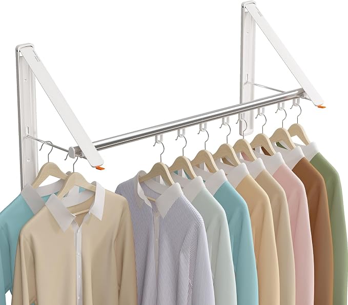 Folding Clothes Hanger Rack Wall mounted for Laundry Clothes Drying Rack | Foldable Hanger Rack Laundry Hanger Dryer Rack, Easy to Install, Closet Storage Organization, Space Saving White, 2 pcs &1Rod