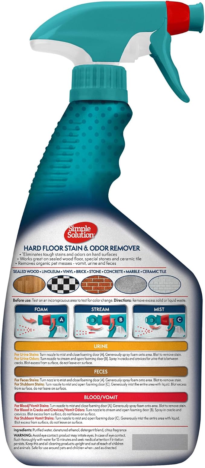 Simple Solution Hard Floor Dog Stain & Odor Remover, Enzyme Cleaner, 32oz | Dog Urine Enzyme Cleaner, Pet Floor Cleaner, Pet Cleaner Spray, Hardwood Floors, Dog Stain & Odor Remover, Pro-Bacteria