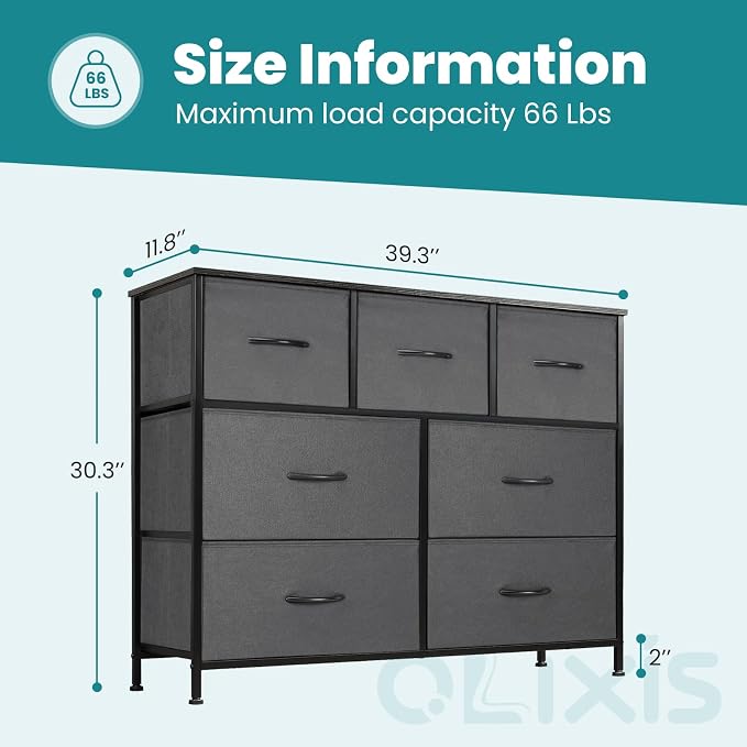 OLIXIS 7 Drawers Fabric Dresser for Bedroom, Storage Tower Organizer | Living Room & Entryway, Sturdy Steel Frame, Wooden Top & Easy-Pull Bins, Closet Chest for Clothes, Classic Grey