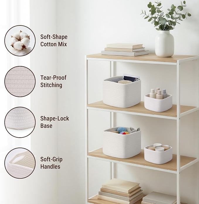 5-Pack Storage Cubes Woven Rope Baskets - 2 Sizes Organizer Bins for Closet, Shelf, Bookshelf, Nursery, Changing Table, Cube Storage Bins, Storage Baskets for Bathroom Toy & Home