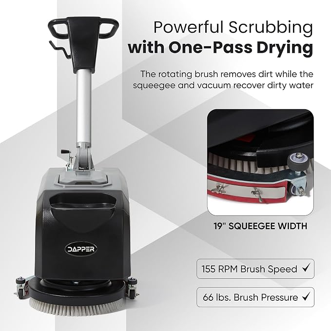 Battery Powered Walk Behind Floor Scrubber Buffer Polisher Machine with Foldable Handle 15 inch Brush 19 inch Squeegee Width 4.5 gal Tank Includes a Hard Brush and 3 Scouring pads