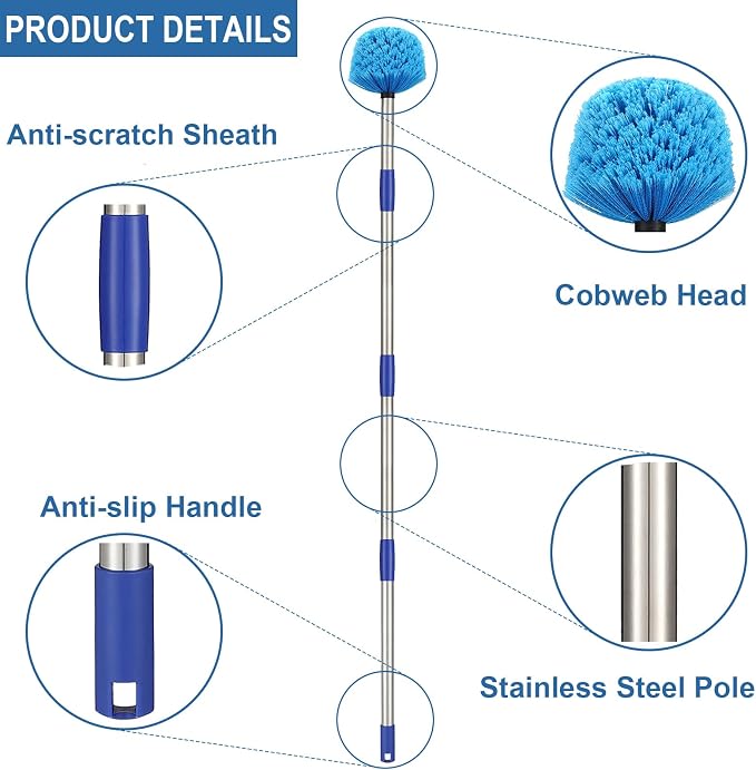 Cobweb Duster with Pole, 8ft Stainless Steel Pole Cobweb Brush with Medium-Stiff Bristles for Walls Beams Shelves Iight Fixtures and Window Screens