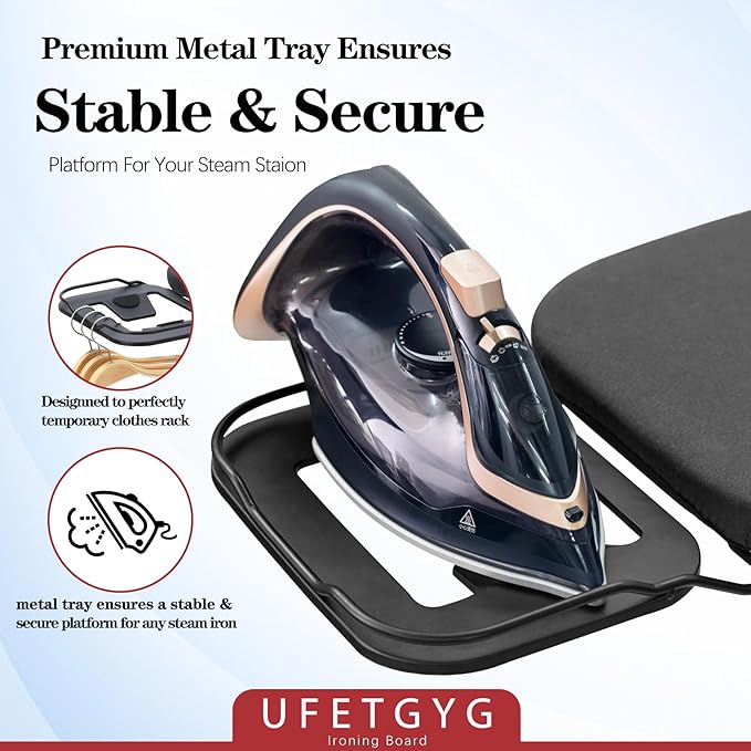 UFETGYG Ironing Board, Metal Panel Iron Board |43" X 13" W/with Iron Rest | Full Metal Construction| Height Adjustable | Heat & Scorch Resistant Fabric | Anti-Skid Feet | Heavy Duty| Easy to Fold