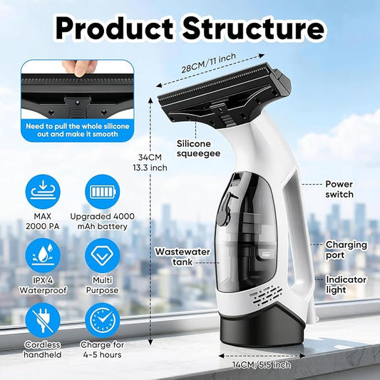 Cordless Window Vacuum Squeegee, 4000mAh Electric Window Cleaner Tool, Window Cleaning Kit with Shower Squeegee & Extension Pole for Shower Glass, Mirror, Door, Car