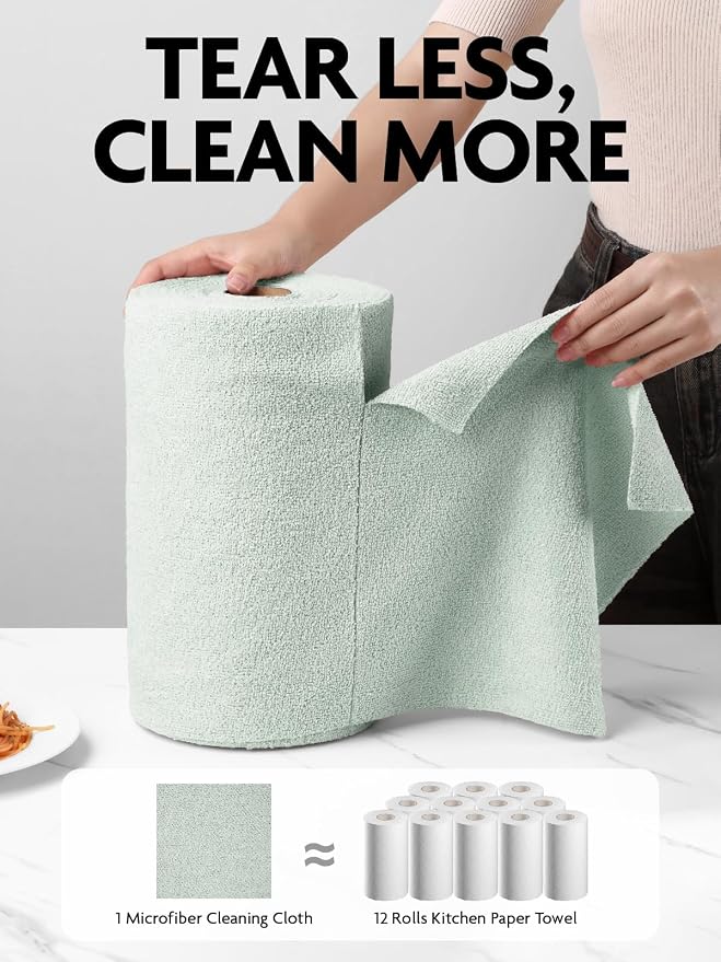 Fantasticlean Microfiber Cleaning Cloth Roll- 75 Sheets, 12"x12"(MossGreen) | Super Absorbent, Lint-free, Tear-away Microfiber Towel Roll, for All-Purpose Cleaning, Reusable Alternative to Paper Towels